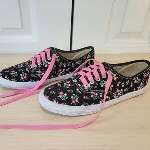 AMERICAN EAGLE Black Canvas Pink Green Floral Fashion Sneakers Pink Laces sz 6